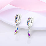 925 Silver Earrings Purple Flower Feather Hoop Zircon Jewelry Gift