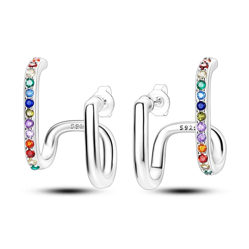 925 Silver Earrings Purple Flower Feather Hoop Zircon Jewelry Gift