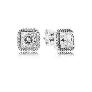 925 Silver Earrings Square Clear CZ Studs Wedding Jewelry