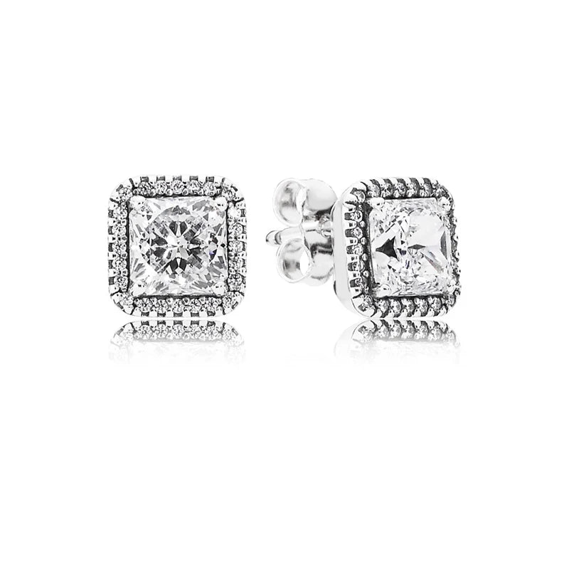 925 Silver Earrings Square Clear CZ Studs Wedding Jewelry