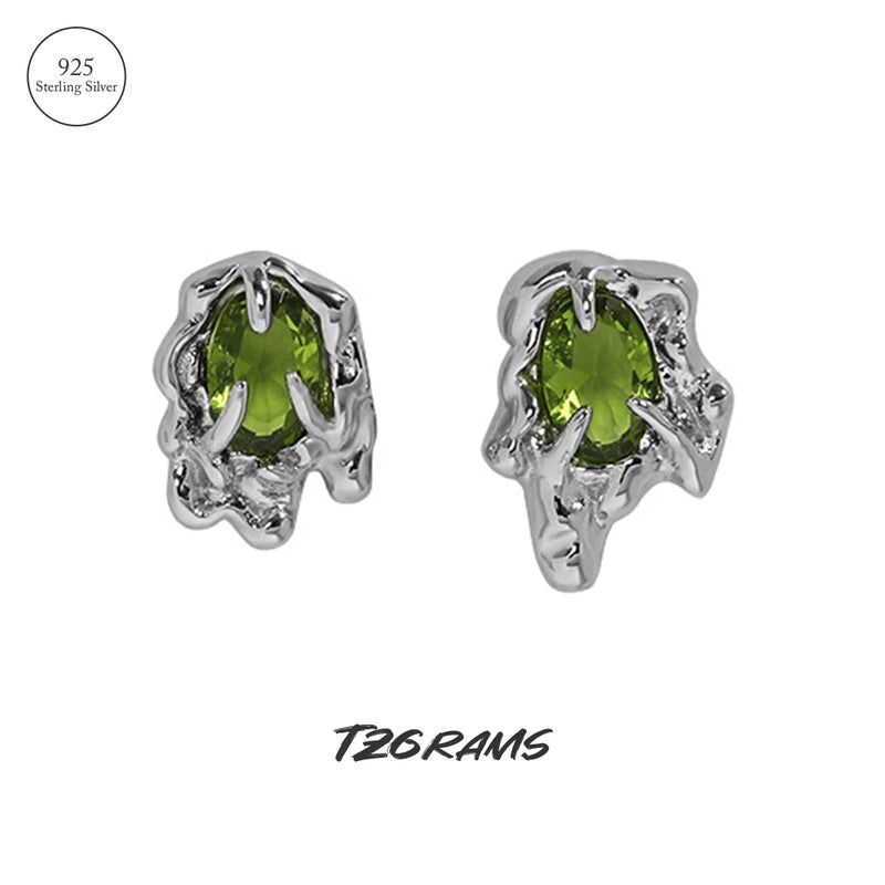 925 Silver Earrings Lab Emerald Asymmetric Shape Ear Buckle