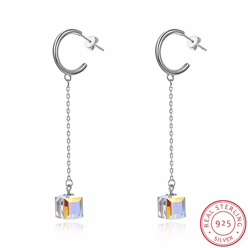 925 Silver Earrings Crystal Rhinestone Pendant Mother's Gift