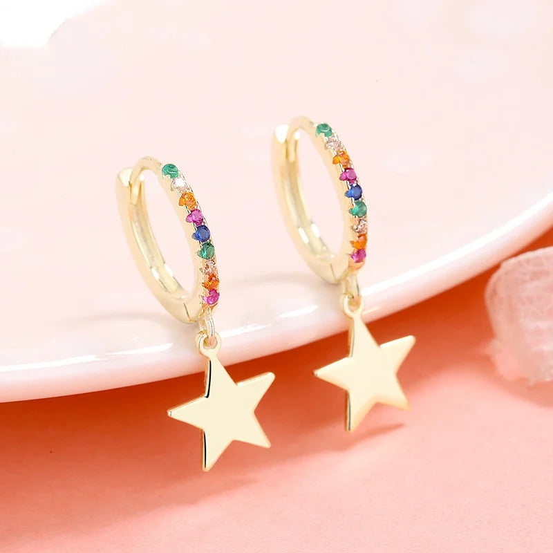 925 Silver Earrings Colored Zircon Star Ear Hook Jewelry Gift