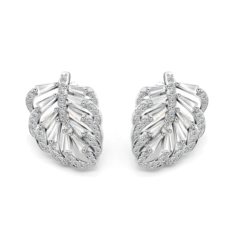 925 Silver Leaf CZ Zircon Stud Earrings Engagement Jewelry