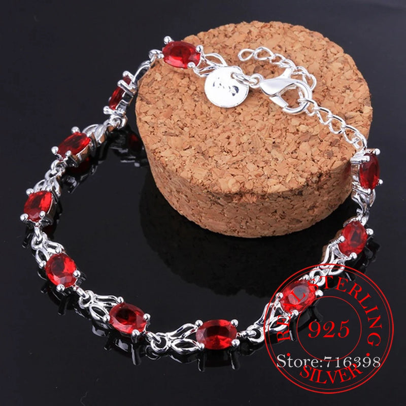 925 Sterling Silver Charm Red Crystal Stone Bracelet Gift