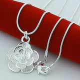925 Silver Flower Pendant Necklace 18 Inch Snake Chain Women Wedding Jewelry