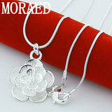 925 Silver Flower Pendant Necklace 18 Inch Snake Chain Women Wedding Jewelry