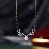 925 Silver Pearl Deer Horn Pendant Necklace Women Clavicle Chain Jewelry