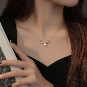 925 Silver Pearl Deer Horn Pendant Necklace Women Clavicle Chain Jewelry