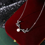 925 Silver Pearl Deer Horn Pendant Necklace Women Clavicle Chain Jewelry
