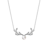 925 Silver Pearl Deer Horn Pendant Necklace Women Clavicle Chain Jewelry