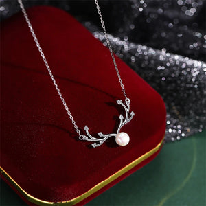 925 Silver Pearl Deer Horn Pendant Necklace Women Clavicle Chain Jewelry