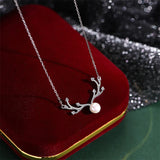 925 Silver Pearl Deer Horn Pendant Necklace Women Clavicle Chain Jewelry
