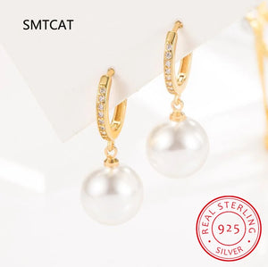 925 Silver Shell Pearl Ear Buckles CZ Women Party Jewelry BSE928