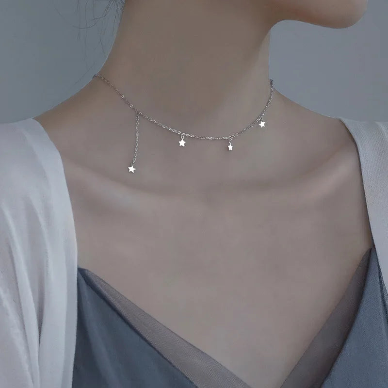 925 Sterling Silver Multiple Stars Choker Necklace Gift For Girl