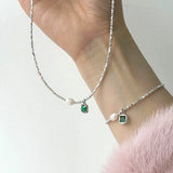 925 Silver Emerald Green Pendant Pearl Necklace Women Choker Collar Chain
