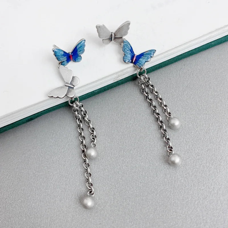 Sterling Silver Butterfly Tassel Earrings Vintage Insect Long Piercing EH186