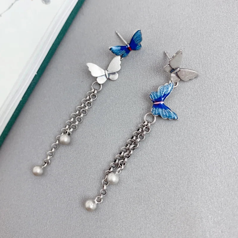 Sterling Silver Butterfly Tassel Earrings Vintage Insect Long Piercing EH186