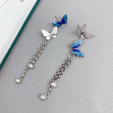 Sterling Silver Butterfly Tassel Earrings Vintage Insect Long Piercing EH186