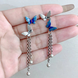 Sterling Silver Butterfly Tassel Earrings Vintage Insect Long Piercing EH186