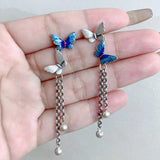 Sterling Silver Butterfly Tassel Earrings Vintage Insect Long Piercing EH186