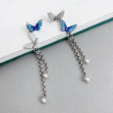Sterling Silver Butterfly Tassel Earrings Vintage Insect Long Piercing EH186