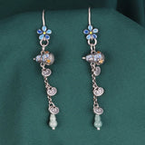 925 Silver Enamel Jade Gourd Tassel Earrings Ethnic Flower Ruyi Long Earrings