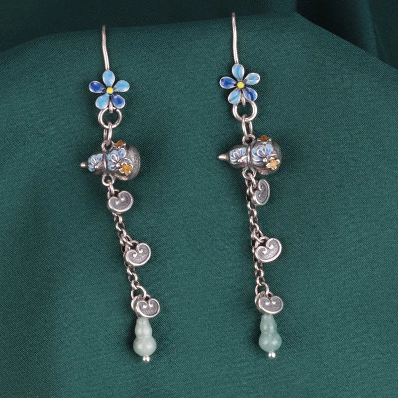 925 Silver Enamel Jade Gourd Tassel Earrings Ethnic Flower Ruyi Long Earrings