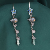 925 Silver Enamel Jade Gourd Tassel Earrings Ethnic Flower Ruyi Long Earrings