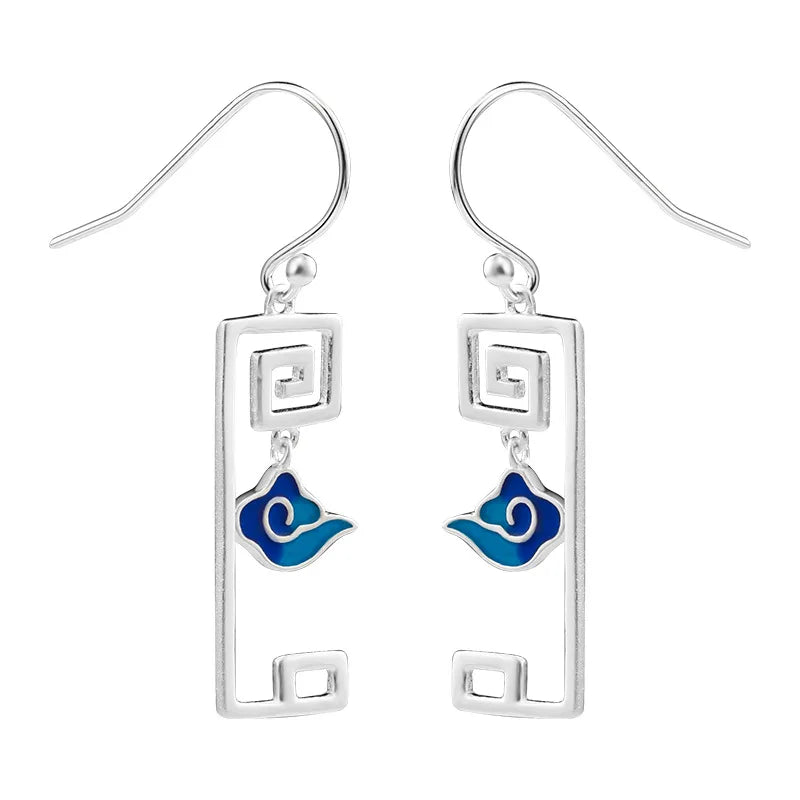 925 Silver Enamel Lucky Cloud Drop Earrings Chinese Style Vintage Jewelry