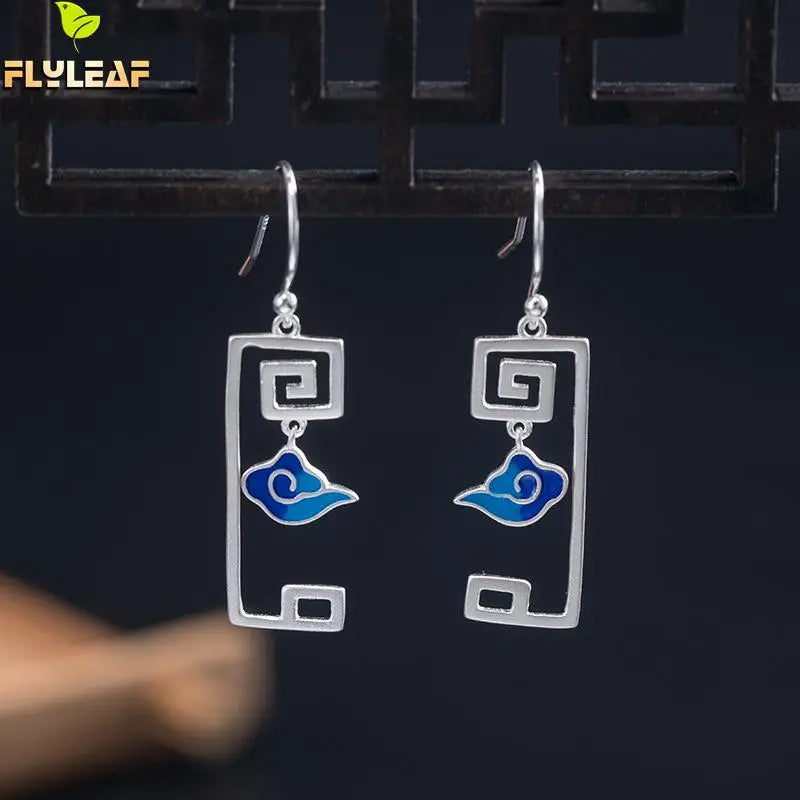 925 Silver Enamel Lucky Cloud Drop Earrings Chinese Style Vintage Jewelry