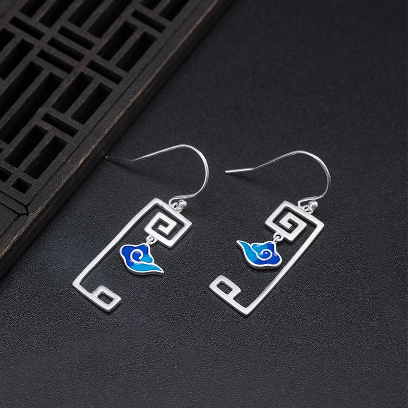 925 Silver Enamel Lucky Cloud Drop Earrings Chinese Style Vintage Jewelry