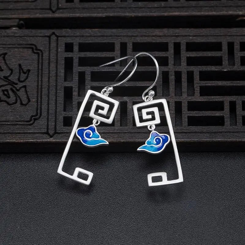 925 Silver Enamel Lucky Cloud Drop Earrings Chinese Style Vintage Jewelry