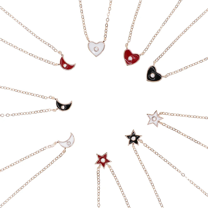925 Sterling Silver Enamel Moon Star Love Heart Pendant Necklace Choker