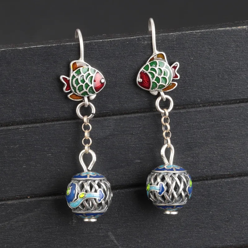 925 Silver Enamel Fish Earrings Ethnic Long Hanging Jewelry EH160