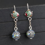 925 Silver Enamel Fish Earrings Ethnic Long Hanging Jewelry EH160