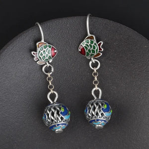925 Silver Enamel Fish Earrings Ethnic Long Hanging Jewelry EH160