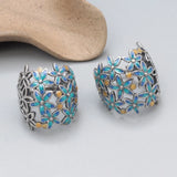 925 Silver Enamel Flower Cluster Drop Earrings Vintage Ethnic Style