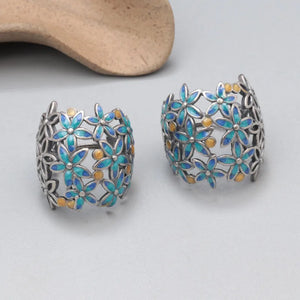 925 Silver Enamel Flower Cluster Drop Earrings Vintage Ethnic Style