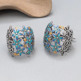 925 Silver Enamel Flower Cluster Drop Earrings Vintage Ethnic Style