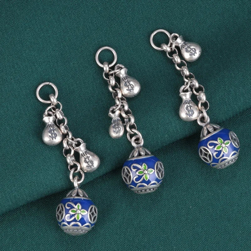 925 Silver Enamel Tassel Purse Coin Pendants Ethnic Vintage DIY Jewelry DZ013