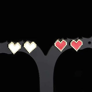 925 Silver Red Stud Earrings Love Heart Pixel Enamel Wedding Jewelry