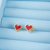 925 Silver Red Stud Earrings Love Heart Pixel Enamel Wedding Jewelry