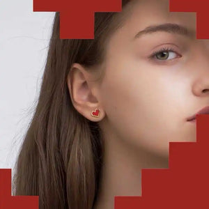 925 Silver Red Stud Earrings Love Heart Pixel Enamel Wedding Jewelry