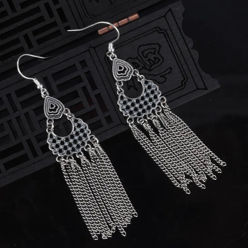 925 Silver Tassel Drop Earrings Retro Boho Long Chain Dangle Jewelry