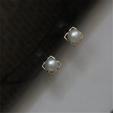 925 Silver Hollow Petals Pearl Stud Earrings Women Wedding Jewelry