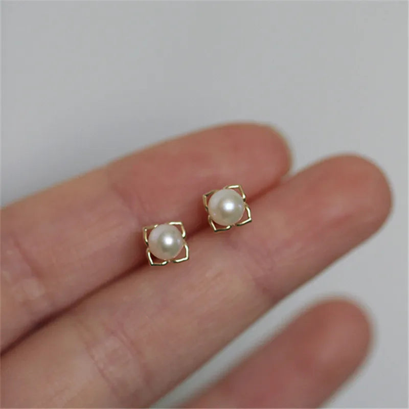 925 Silver Hollow Petals Pearl Stud Earrings Women Wedding Jewelry