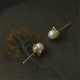925 Silver Hollow Petals Pearl Stud Earrings Women Wedding Jewelry