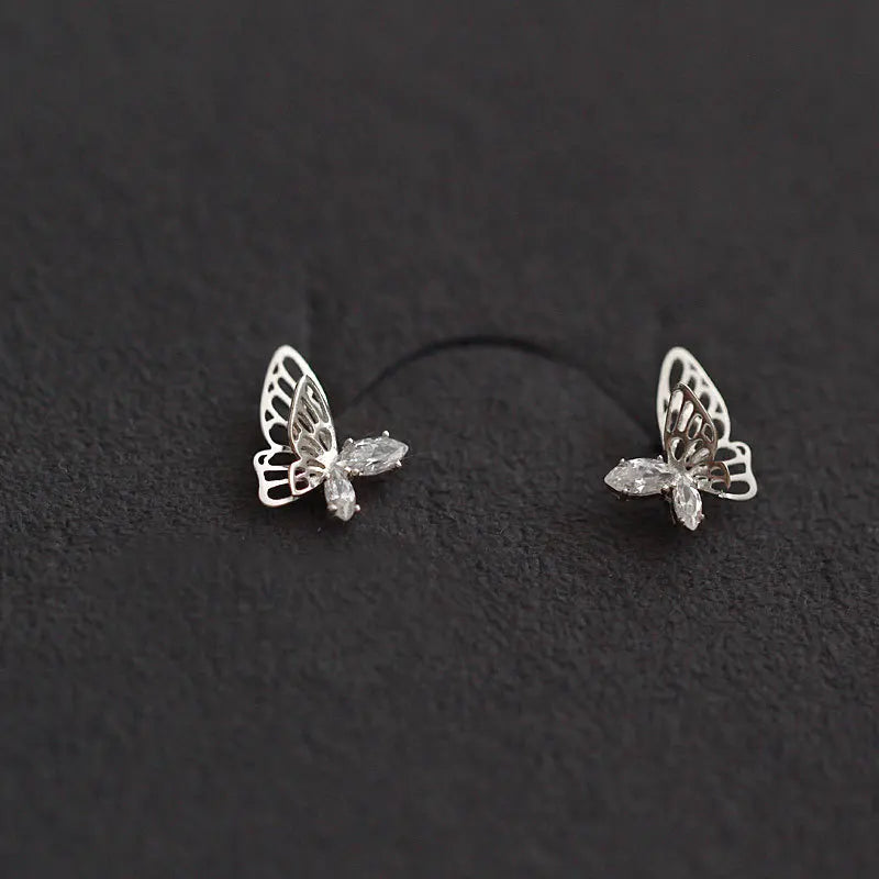 925 Silver Asymmetric Hollow Butterfly Stud Earrings with Crystals