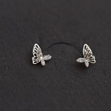 925 Silver Asymmetric Hollow Butterfly Stud Earrings with Crystals